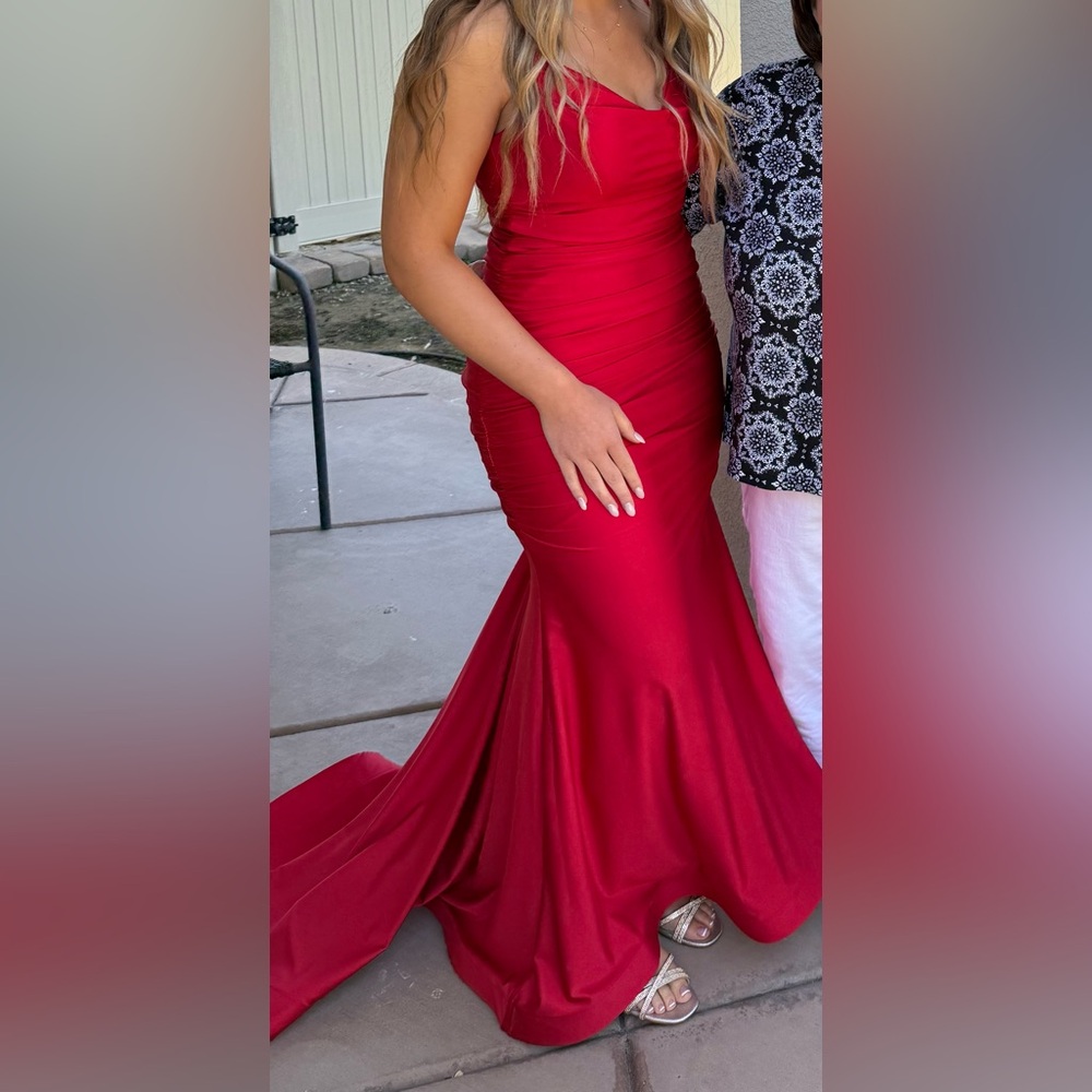 B Darlin Red Ruched Mermaid Prom Dress